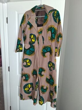 Women's Printed Jumpsuit in Beige with Green & Yellow Motif